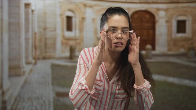 Woman squints and adjusts glasses while peering toward something beyond her in an old building courtyard; confusion curiosity.