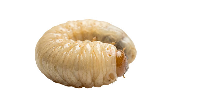 Close up of a fat grub larva on white background