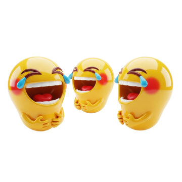 Three identical, glossy yellow 3d emoji characters convulsing in hysterical, uncontrolled laughter, with tear droplets and hands clutching the stomach, isolated against a white background. Concept of