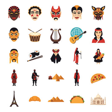A vibrant icon pack featuring diverse cultural symbols and education theme vector illustrations. Perfect for educational materials, presentations, and cultural exchange programs