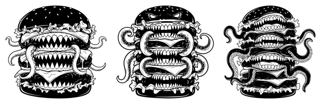 Scary monster burger with sharp teeth and tentacles