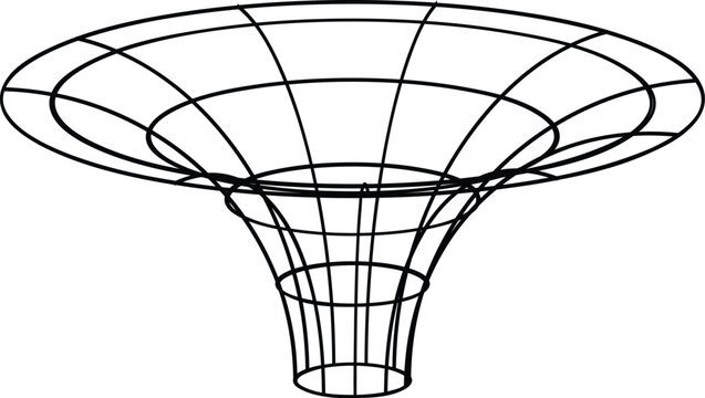 Black wireframe funnel grid representing gravity well or black hole physics concept on grid background