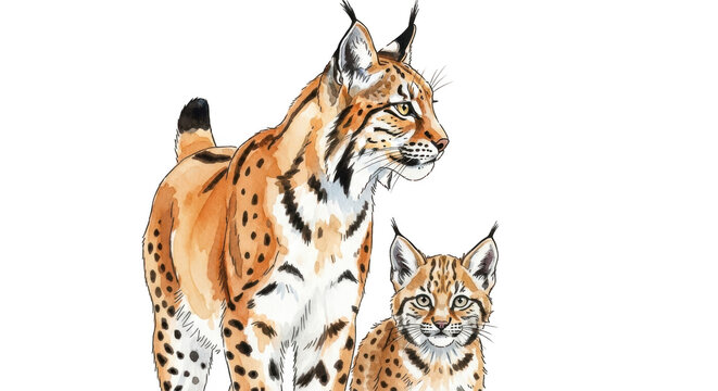 Eurasian lynx and kitten illustration isolated on transparent background