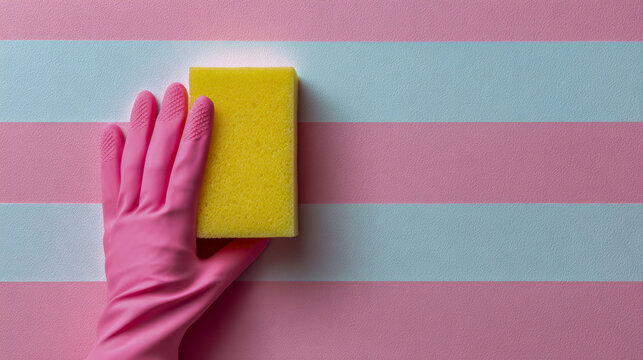 Hand wearing pink rubber glove holding bright yellow sponge against pastel striped blue and pink textured background for cleaning concepts