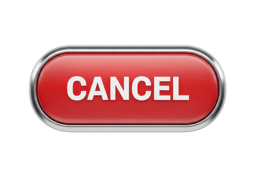 A glossy red rectangular button with rounded corners and a shiny chrome metallic border frame featuring the word cancel written in clean white bold capital letters for digital user interfaces