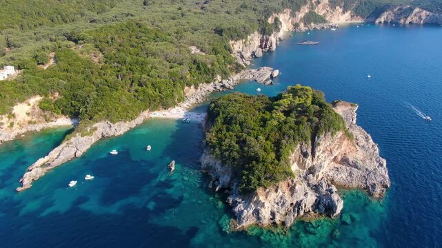Cinematic Aerial Drone Rotation of Limni Beach Glyko in Corfu Greece Showing Twin Bays and Clear Water