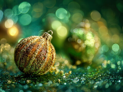 Sparkling golden ornament with glittering details resting on a reflective surface with green and gold bokeh lights celebrating festive holiday season ambiance