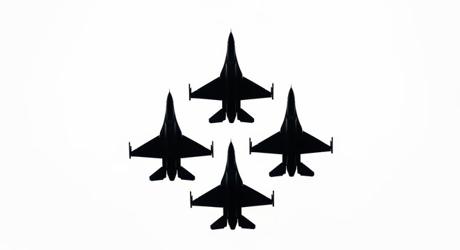 Four military jet aircraft flying in formation against an clear sky