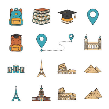 A colorful icon pack featuring education and travel themed vector illustrations, including landmarks, school supplies, and navigation symbols. Perfect for educational materials