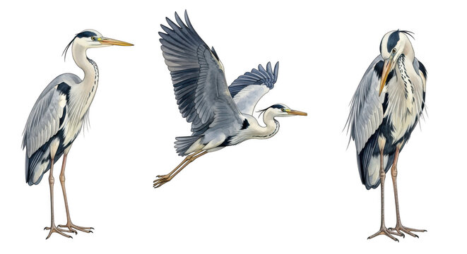 Grey heron in various poses isolated on transparent background