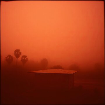 A muted vermilion dream, grainy and steeped in time's embrace,  film grain,  ethereal