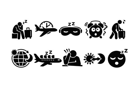 Travel fatigue and sleep deprivation icons depicting jet lag and exhaustion