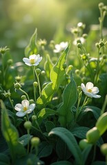 Obraz premium Close up macro view of delicate white wildflower blossoms with green leaves in soft sunlight. Gentle nature scene, spring growth, delicate petals, buds forming, organic garden beauty.
