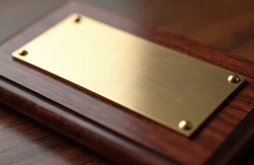 Fototapeta premium Rectangular brass plate on polished dark wood base. This award plaque is for recognition, achievement, or honor. Suitable for office display or a gift.