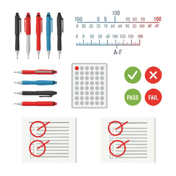 A set of colorful pens, pencils, and a grading rubric with PASS FAIL stamps, presented on a white background with lined paper and a multiple-choice answer sheet. Perfect for education, icon
