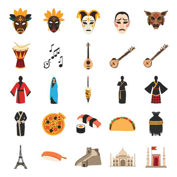 A vibrant icon pack featuring various education theme vector illustrations of cultural masks, musical instruments, traditional clothing, and food. Perfect for educational materials