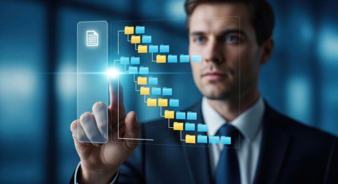 Document and record management system. Document control and content management. Business person tapping file icon on folder structure. 

