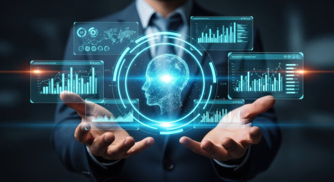 AI-powered automated report generation system. Real-time augmented analytics. Businessperson holding reports and artificial intelligence icons. 
