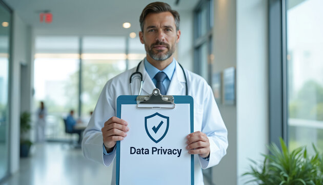 Doctor holds clipboard with data privacy text and shield icon. Healthcare professional ensures patient info security and confidentiality in clinic. Protect medical records.