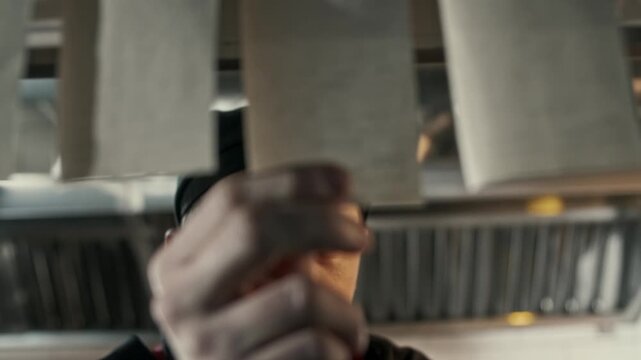 Young cook in a cafe kitchen taking an order from a customer with a receipt on a sticker
