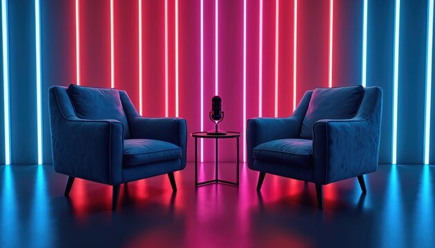 Two plush chairs and microphone set in neon lit studio. Modern interview or podcast setup with vibrant pink and blue lights. Futuristic atmosphere for conversation or broadcast.