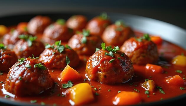 Spicy meatballs in rich tomato sauce with chopped carrots and parsley. Savory kofte served in a dish ready for eating. Delicious meal preparation for lunch or dinner.