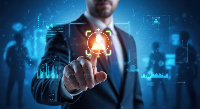 Targeting and personalization of customer communication. Marketing automation system. Marketer tapping a customer icon. 
