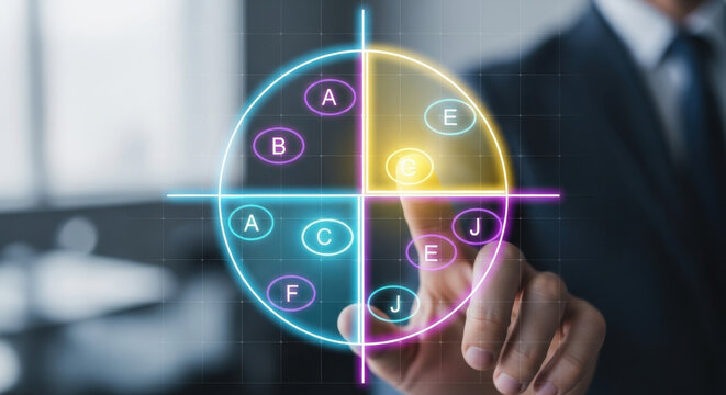 Market positioning strategy and positioning map. Target audience analysis and differentiation of brand products. Marketer pointing at positioning map. 
