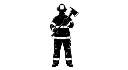 Obraz premium Silhouette of brave firefighter wearing protective gear and helmet holding axe ready for action against white