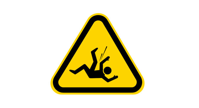 Warning sign depicting a falling person symbol in yellow triangle representing danger and hazard isolated on white