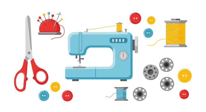 Blue sewing machine with red scissors pincushion colorful buttons and thread spools illustrating crafting tailoring