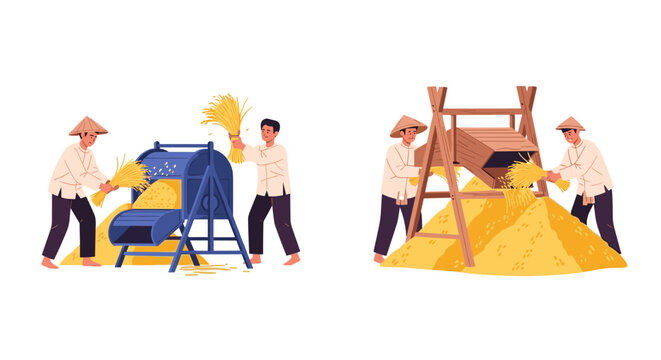 Farmers using threshing machines and manual methods to separate grain from stalks illustrating agricultural labor