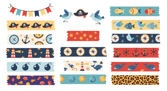 Collection of colorful pirate themed decorative tapes and bunting flags with nautical elements like anchors compasses