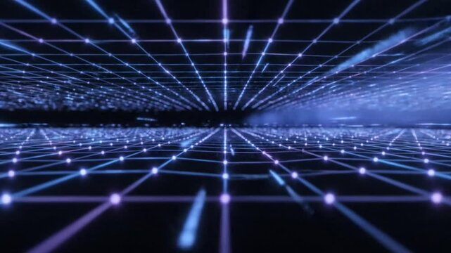 Glowing network grid with dots in dark digital space
