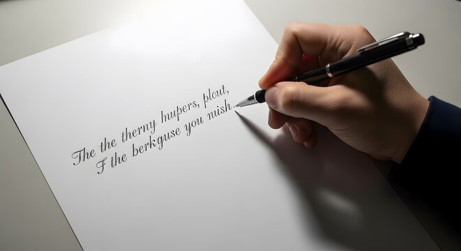 Hand holding pen writing text on paper, close-up shot of a person's hand and a pen writing on a sheet of paper with cursive text