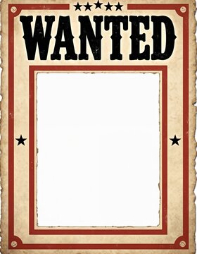 Vintage Western wanted poster with empty frame for portrait. Old paper texture shows reward for outlaw capture. Retro crime notice for fugitive search.
