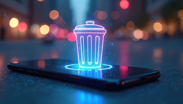 Neon rubbish can icon hovers over smartphone screen at night. Digital waste deletion concept. Abstract tech background with glowing city lights. Data cleanup process.