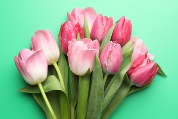 Obraz premium Beautiful pink tulips on green background, top view