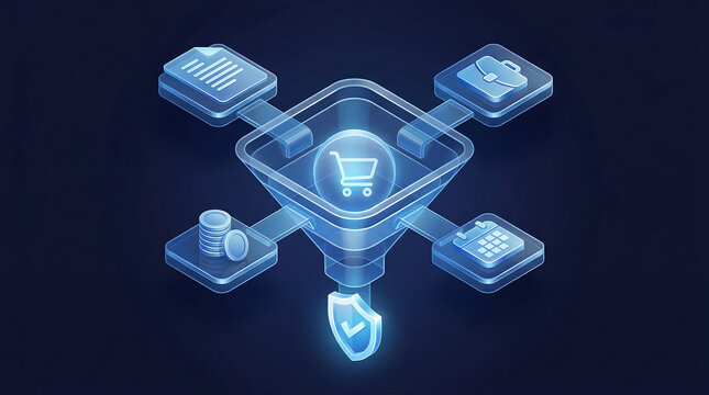 3D isometric procurement approval funnel with shopping cart documents budget business case calendar and compliance shield on dark blue background