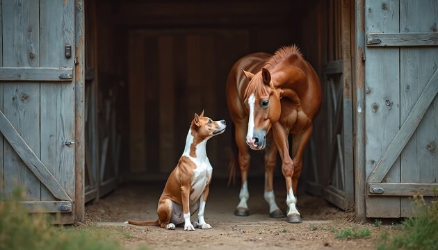 Brown horse stands near sitting dog at barn entrance. Animals share moment of quiet companionship and friendship in rural farm setting. Open wooden doors reveal warm stable interior.