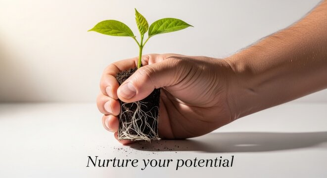 Hand Nurturing Young Plant with Visible Roots