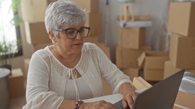 Woman senior with grey hair and glasses closes laptop with hand amid stacked cardboard boxes and a plant by a window in building; moving day contentment.
