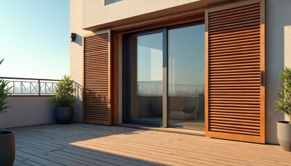 Obraz premium Modern wood shutters open on rooftop balcony with city view. Sunny day, wood deck, plants and sliding glass door. Outdoor space, residential architecture.