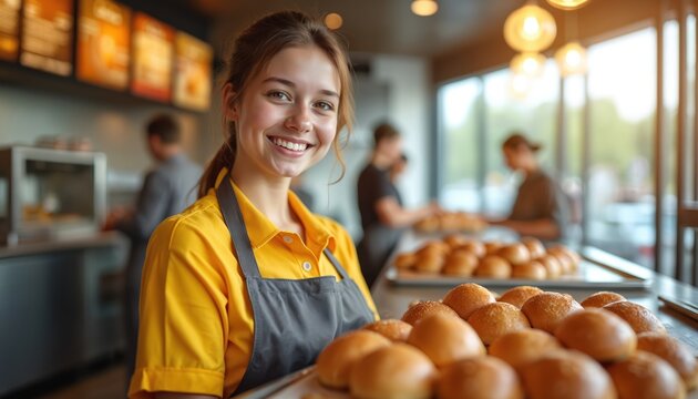 Smiling young woman in yellow shirt and apron holds tray of fresh buns. Restaurant worker prepares food behind counter. Bakery staff serves customers indoors. Happy teen works in fast food.