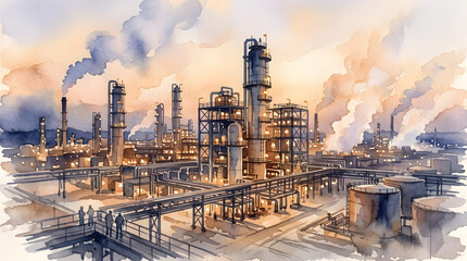 Obraz premium Watercolor painting of an industrial refinery at sunset