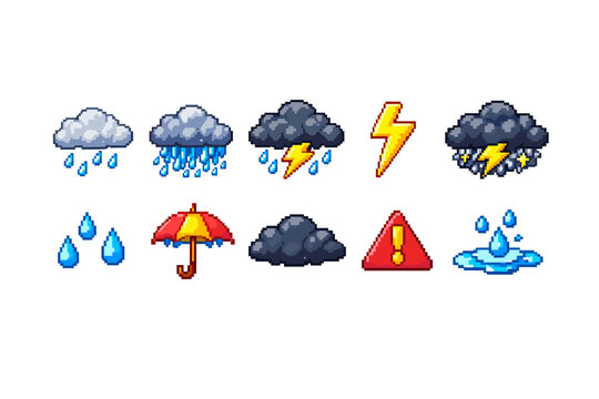 Pixel art weather icons collection featuring rain, storms, and lightning bolts