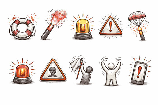 Collection of warning and emergency symbols, including flares and lifebuoys