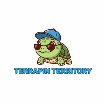Cartoon turtle wearing blue cap.