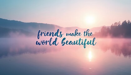 Obraz premium Serene misty lake at sunrise with text quote friends make the world beautiful. Peaceful pastel sky, calm water reflection, distant misty hills, forested trees silhouette.
