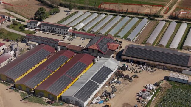 Drone view of livestock farm combined with greenhouse complex.